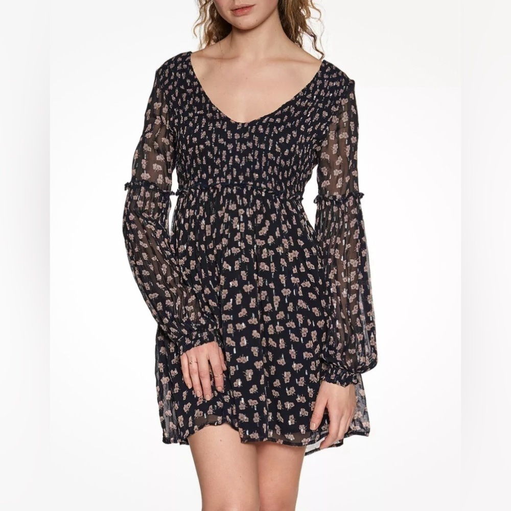 Women’s Navy Floral Long-Sleeve Mini Dress
